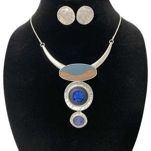 1128-Wooden Point Bib Necklace Set-Blue/Silver